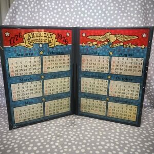 1976 American Bicentennial Blue And Red Stained Glass Bifold Frame Patriotic Art